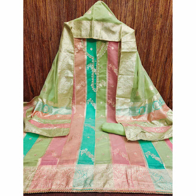 green-floral-woven-with-hand-embroidered-jacquard-dress-material