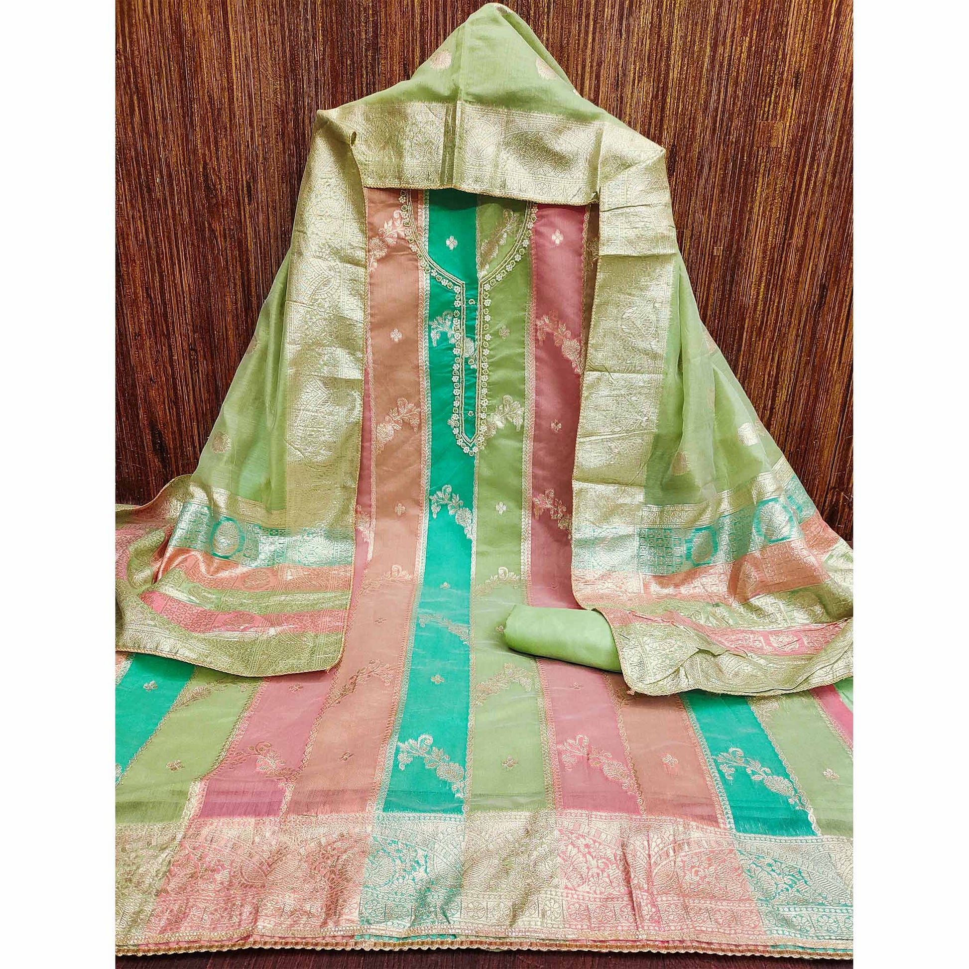 green-floral-woven-with-hand-embroidered-jacquard-dress-material