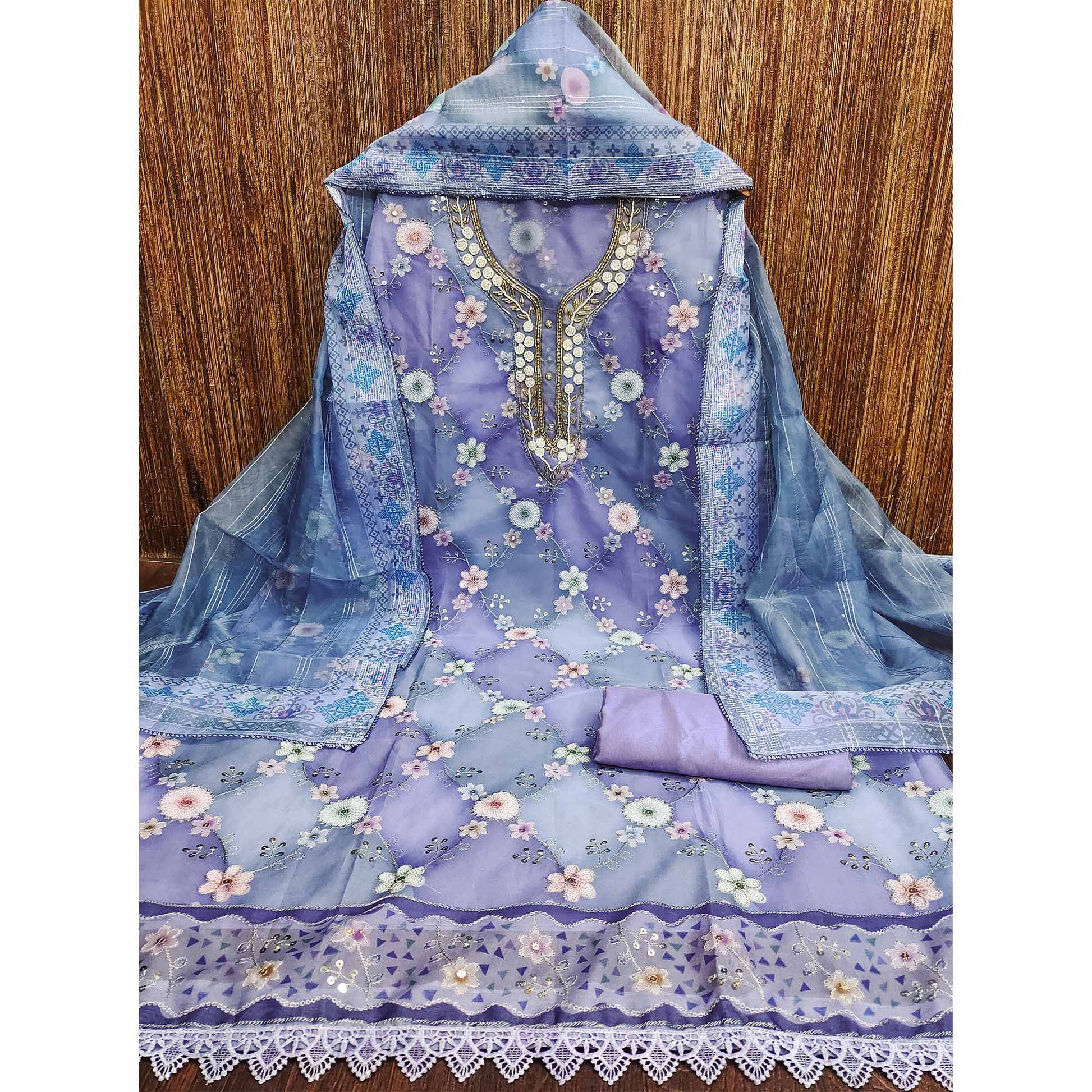 Light Purple Floral Sequins Embroidered Organza Dress Material