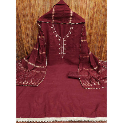 Maroon Hand Embroidered Cotton Blend Dress Material