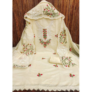 Cream Floral Sequins Embroidered Chanderi Cotton Dress Material