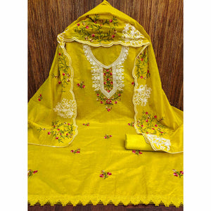 Lemon Green Floral Sequins Embroidered Chanderi Cotton Dress Material