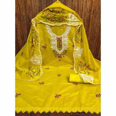 Lemon Green Floral Sequins Embroidered Chanderi Cotton Dress Material