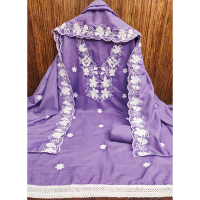 Lavender Floral Embroidered Cotton Blend Dress Material