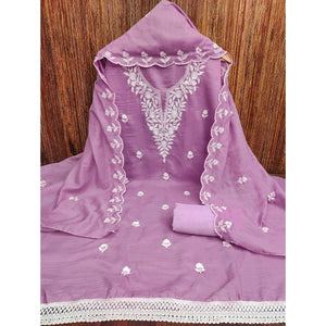 Lavender Floral Embroidered Cotton Blend Dress Material
