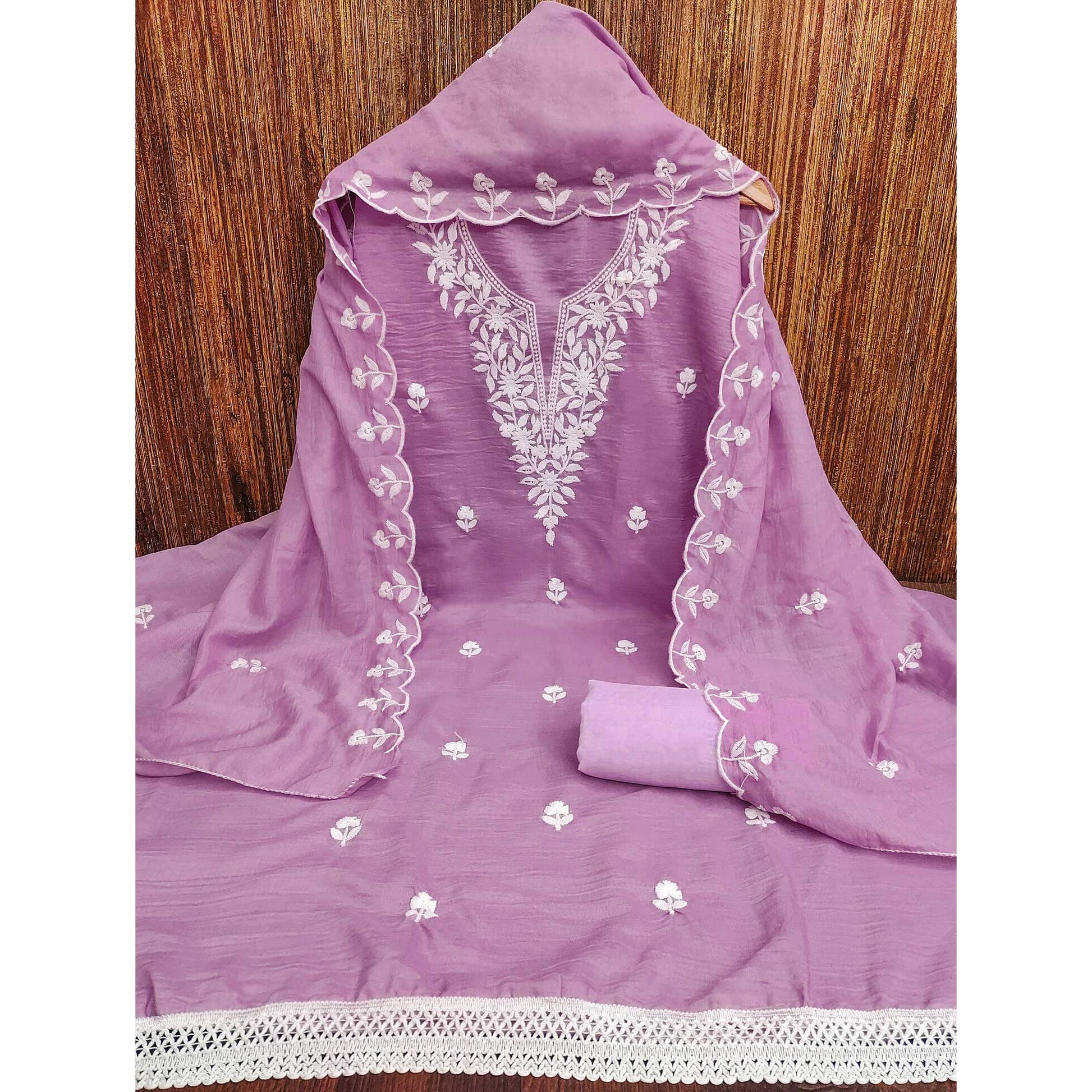 Lavender Floral Embroidered Cotton Blend Dress Material