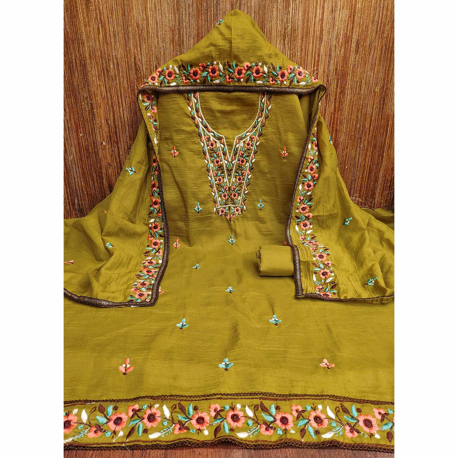 Mehendi Green Floral Embroidered Cotton Blend Dress Material