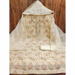 Cream Floral Embroidered With Handwork Organza Dress Material