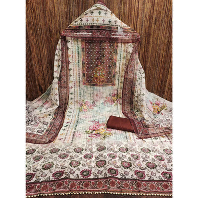 Dark Rust Floral Digital Printed With Diamond Work Organza Dress Material