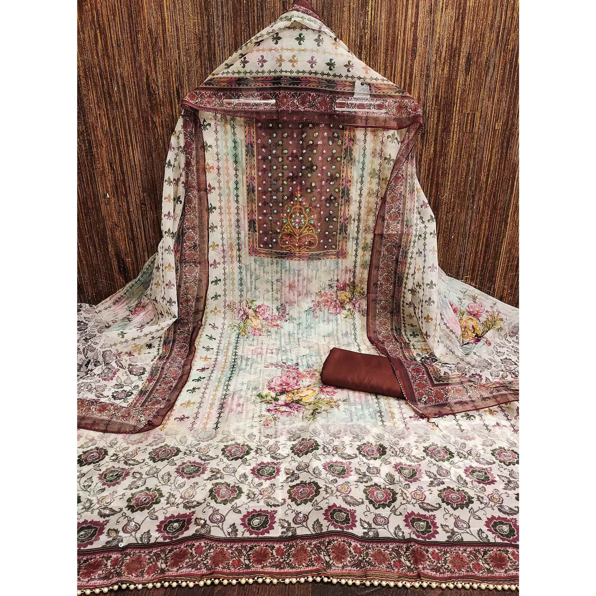 Dark Rust Floral Digital Printed With Diamond Work Organza Dress Material