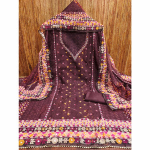 Dark Wine Floral Digital Printed With Diamond Work Organza Dress Material