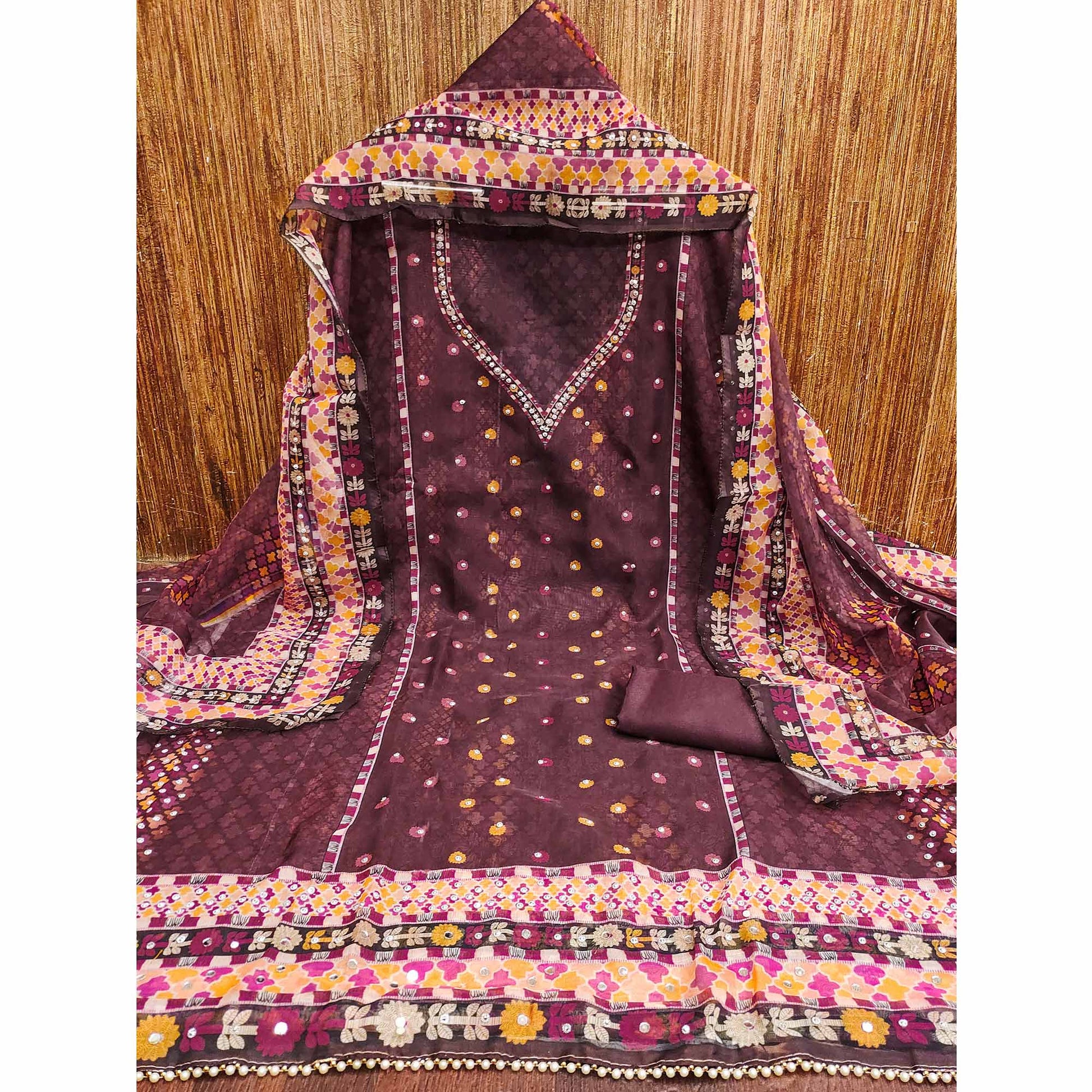 Dark Wine Floral Digital Printed With Diamond Work Organza Dress Material