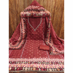 Maroon Floral Digital Printed With Diamond Work Organza Dress Material