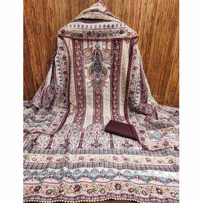 Dark Wine Floral Digital Printed With Diamond Work Organza Dress Material