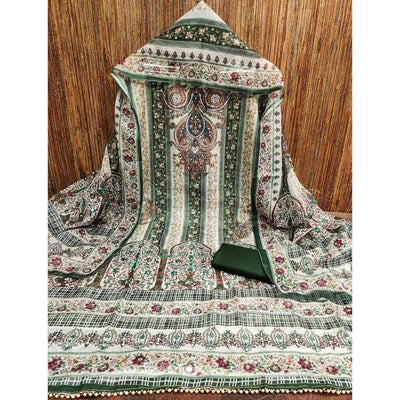Mehendi Green Floral Digital Printed With Diamond Work Organza Dress Material