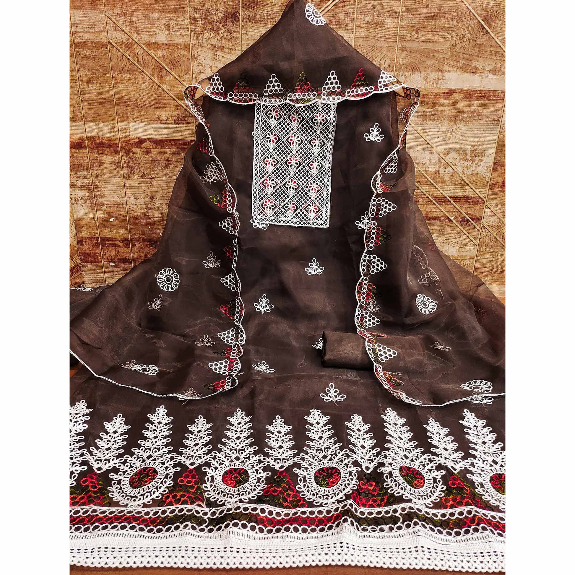 Brown Floral Embroidered Organza Dress Material