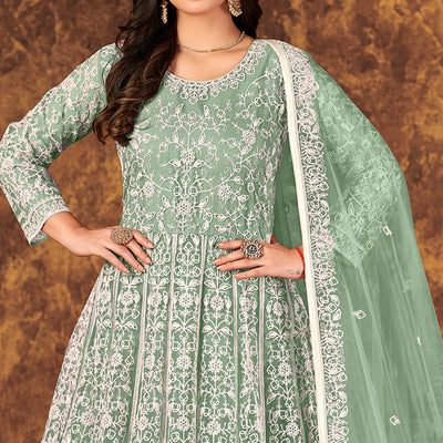green-floral-embroidered-net-semi-stitched-dress-material