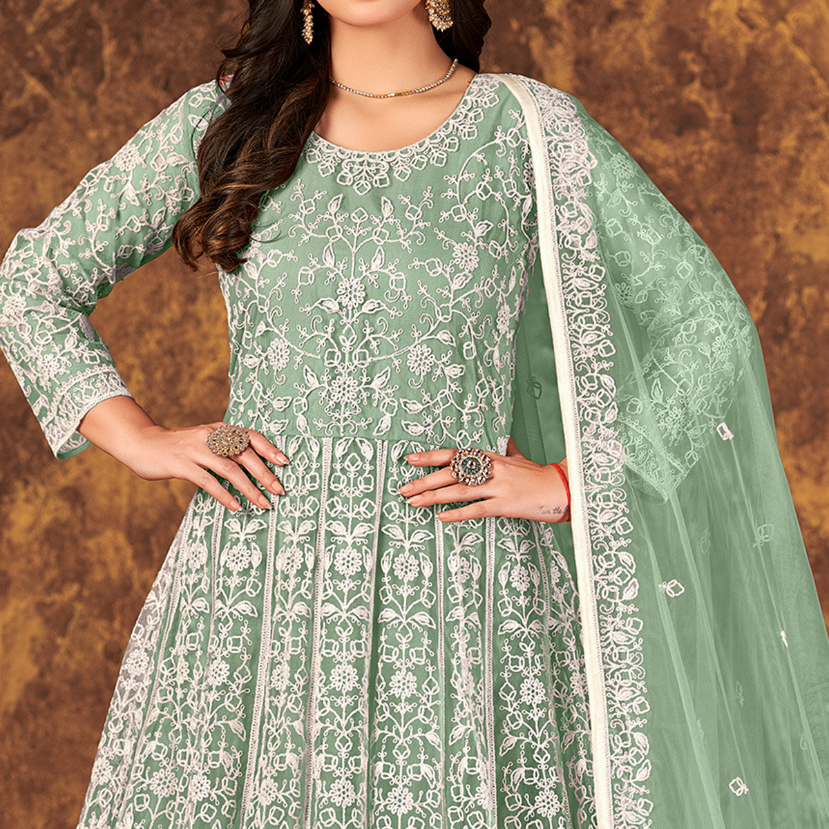 green-floral-embroidered-net-semi-stitched-dress-material