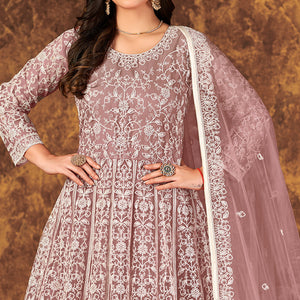 Mauve Floral Embroidered Net Semi Stitched Dress Material
