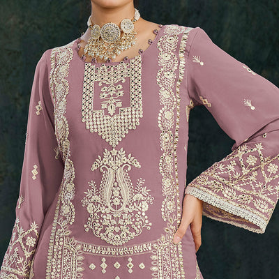Mauve Floral Embroidered Georgette Semi Stitched Palazzo Suit