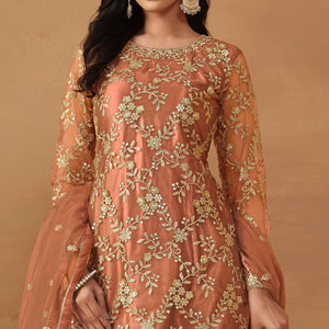 Dusty Orange Floral Embroidered Net Semi Stitched Sharara Suit