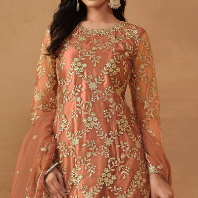 Dusty Orange Floral Embroidered Net Semi Stitched Sharara Suit