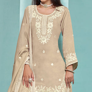 Cream Floral Sequins Embroidered Chanderi Semi Stitched Sharara Suit