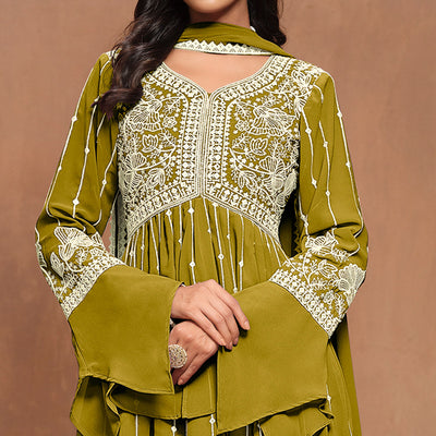 Dark Mustard Floral Embroidered Georgette Semi Stitched Alia Cut Sharara Suit