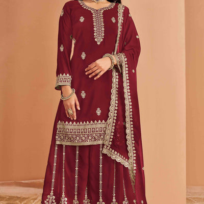 Maroon Floral Embroidery Georgette Semi Stitched Palazzo Suit