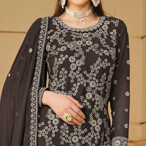 Dark Grey Floral Embroidered Georgette Semi Stitched Sharara Suit