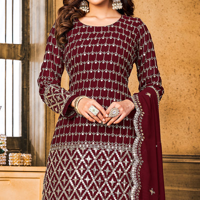 Maroon Sequins Embroidered Georgette Semi Stitched Suit