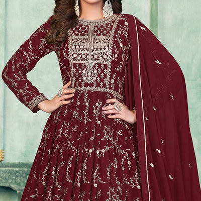 Maroon Embroidered Georgette Semi Stitched Anarkali Suit