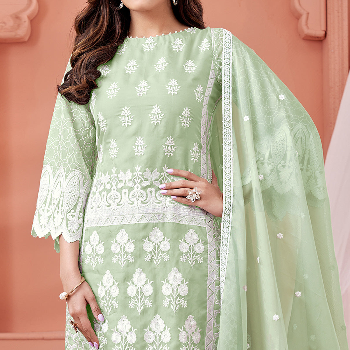 green-floral-embroidered-organza-semi-stitched-suit