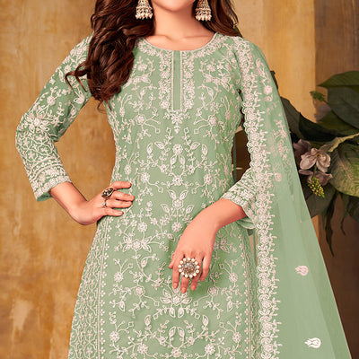 green-floral-embroidered-net-semi-stitched-suit