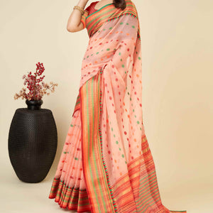 Light Peach Zari Weaving Cotton Silk Saree
