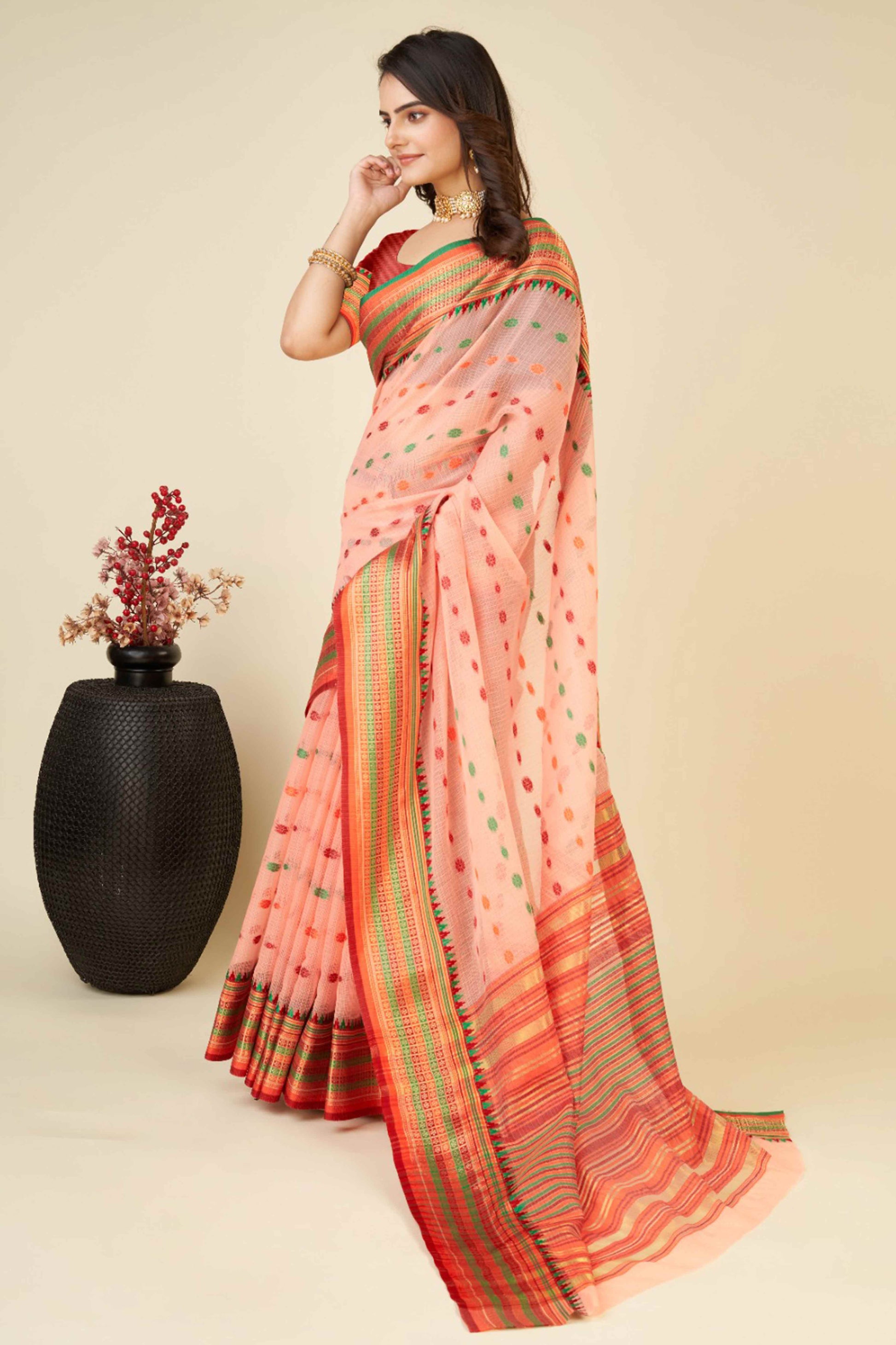 Light Peach Zari Weaving Cotton Silk Saree