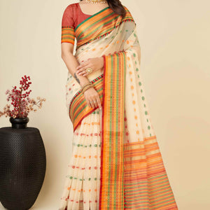 Cream Zari Weaving Cotton Silk Saree