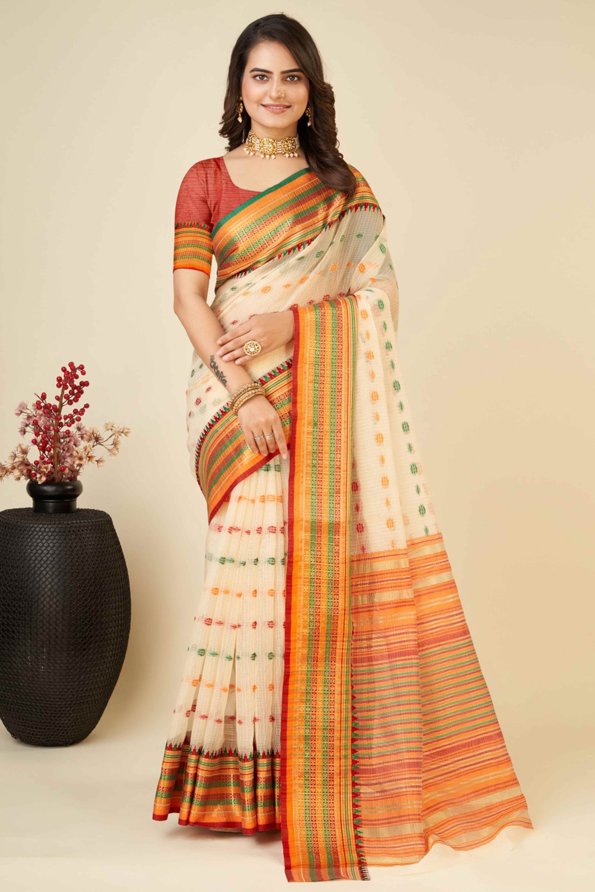 Cream Zari Weaving Cotton Silk Saree