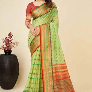 Light Green Zari Weaving Cotton Silk Saree