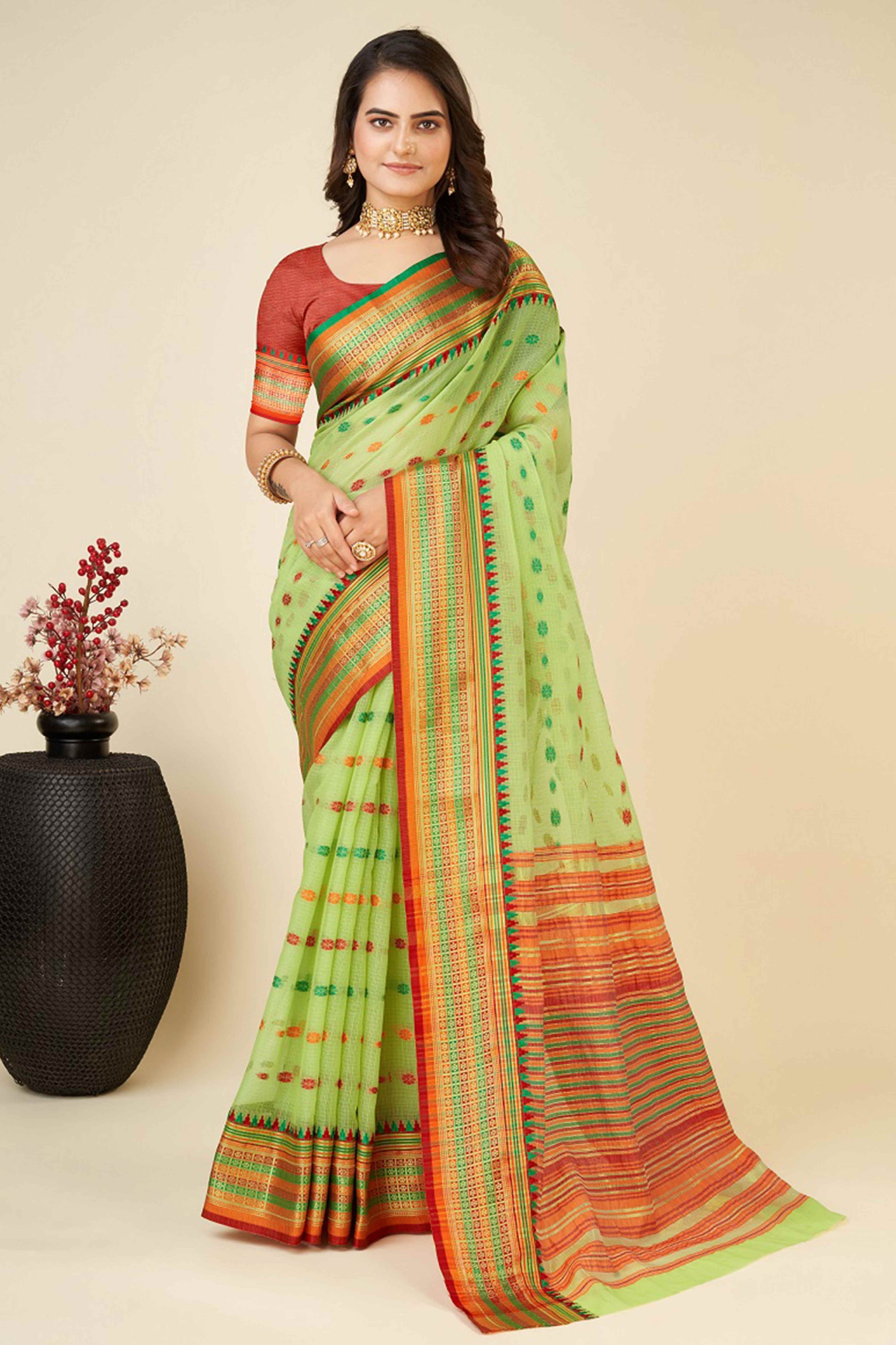 Light Green Zari Weaving Cotton Silk Saree