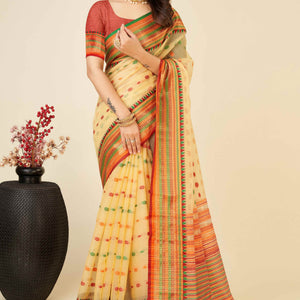 Light Yellow Zari Weaving Cotton Silk Saree