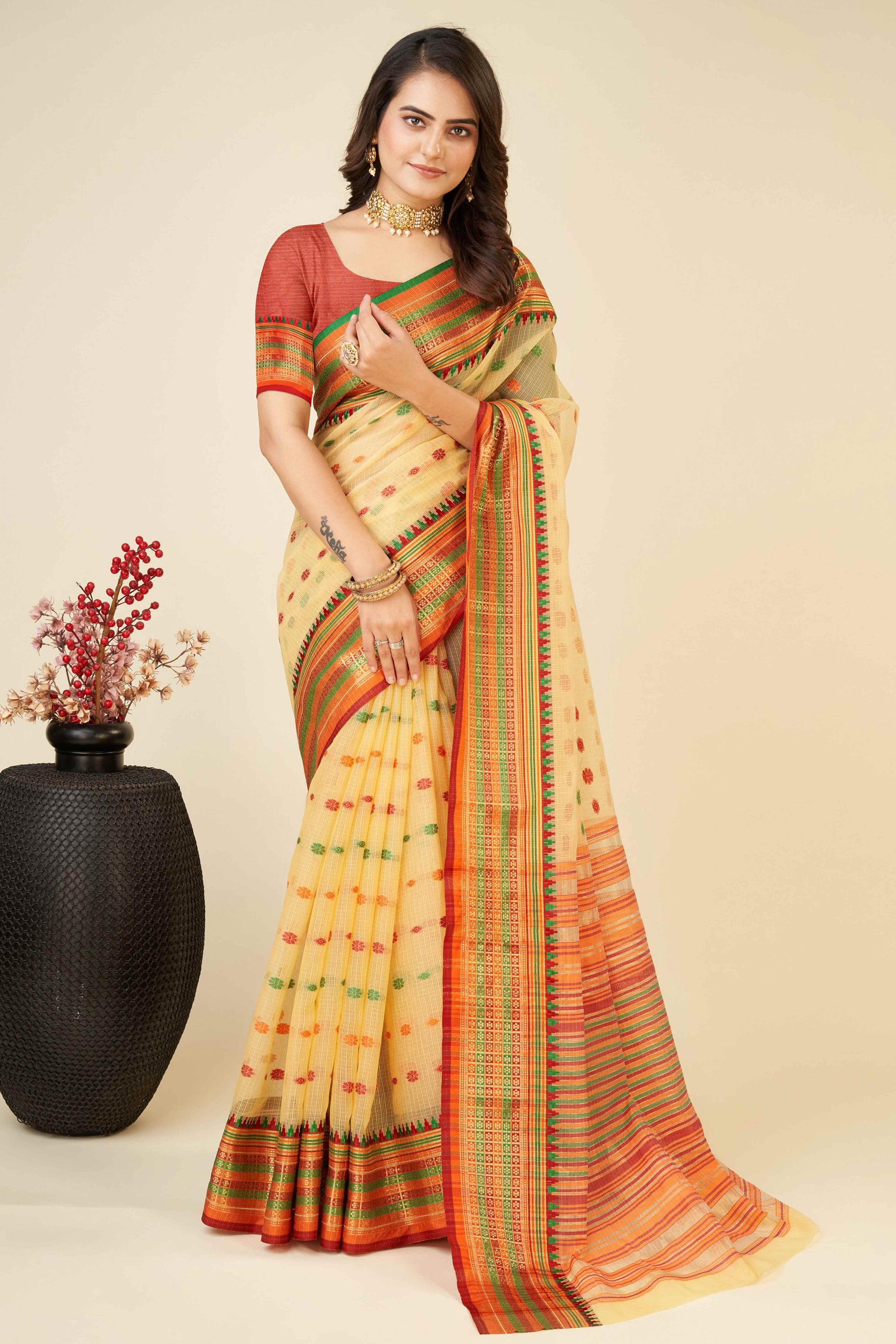 Light Yellow Zari Weaving Cotton Silk Saree