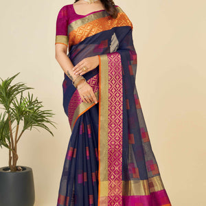 Blue Zari Weaving Cotton Blend Saree
