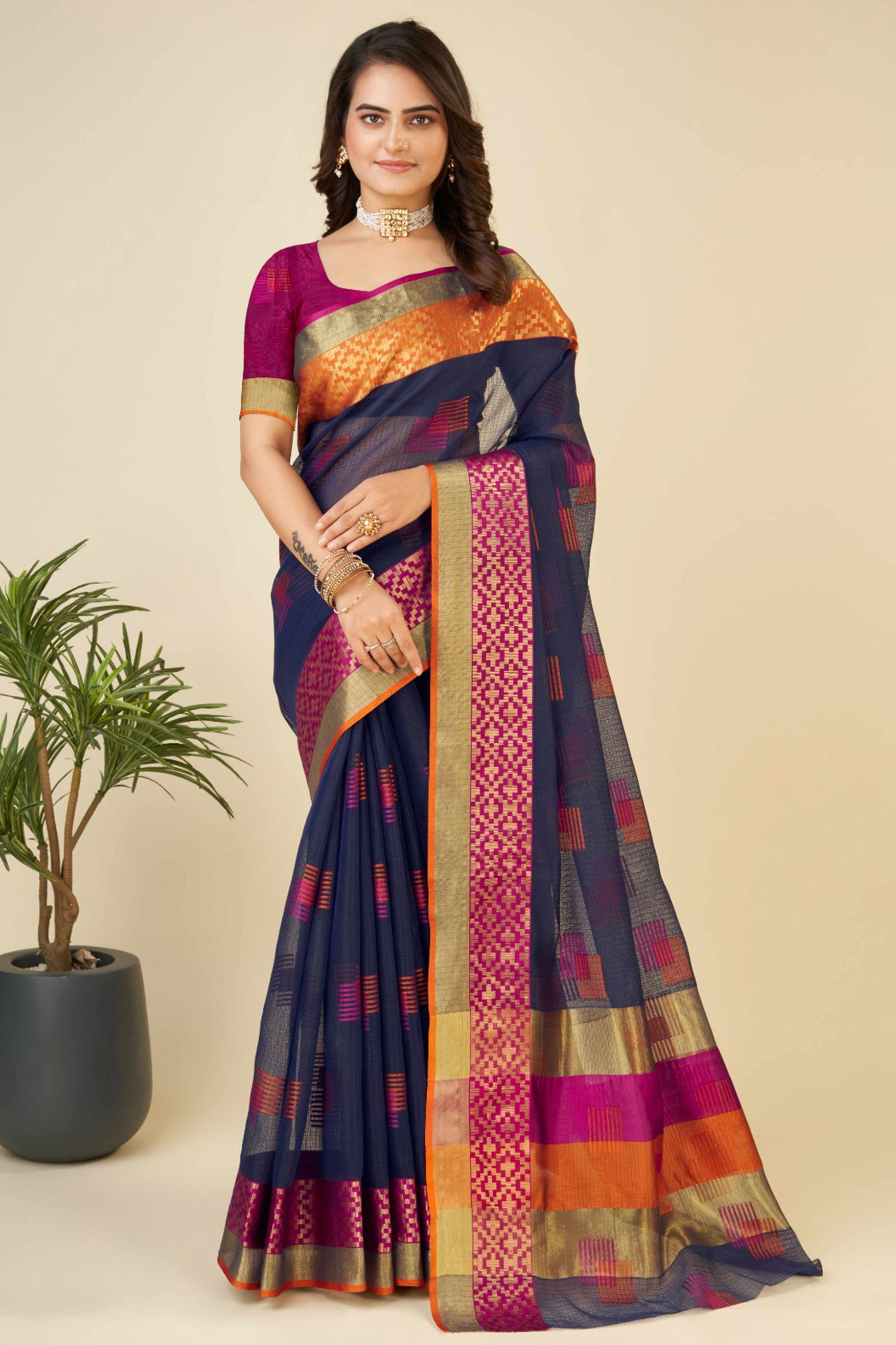 Blue Zari Weaving Cotton Blend Saree