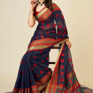 Blue Zari Weaving Cotton Blend Saree