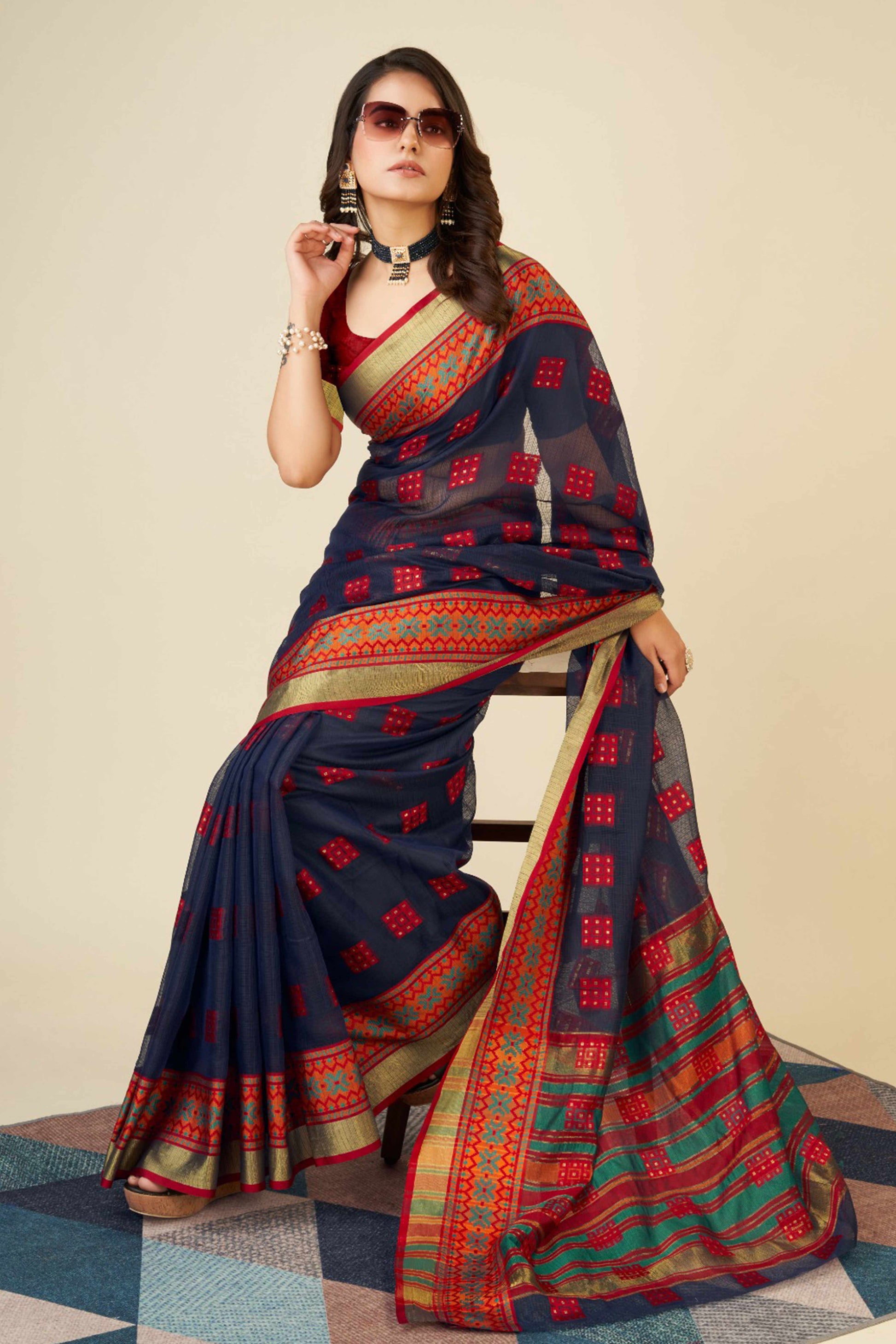 Blue Zari Weaving Cotton Blend Saree