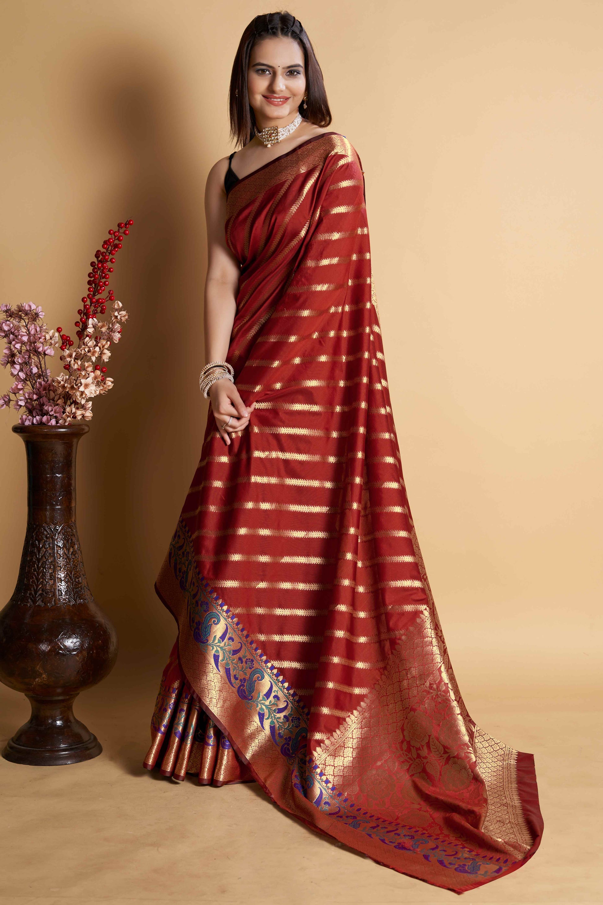 Maroon Zari Weaving Banarasi Silk Saree