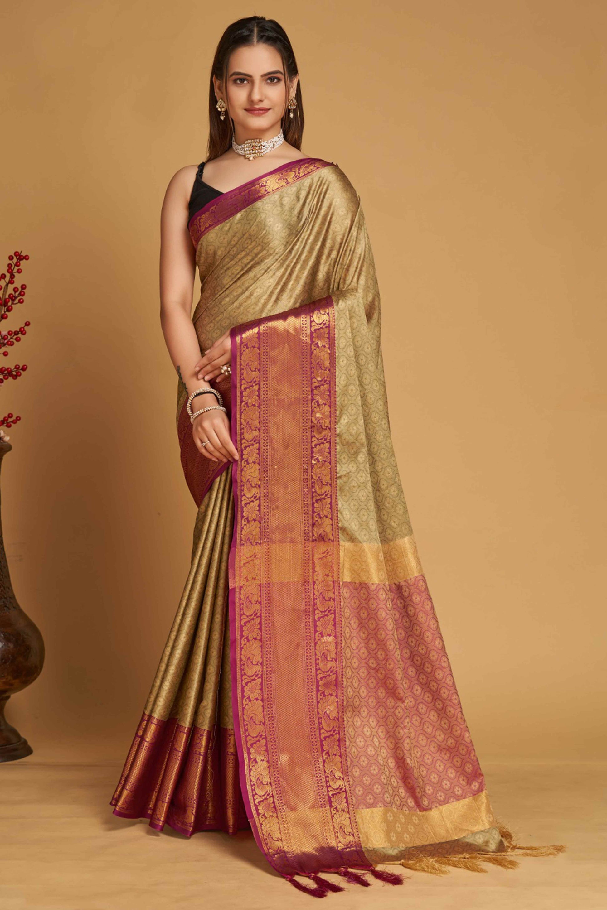 Light Brown Zari Weaving Banarasi Silk Saree