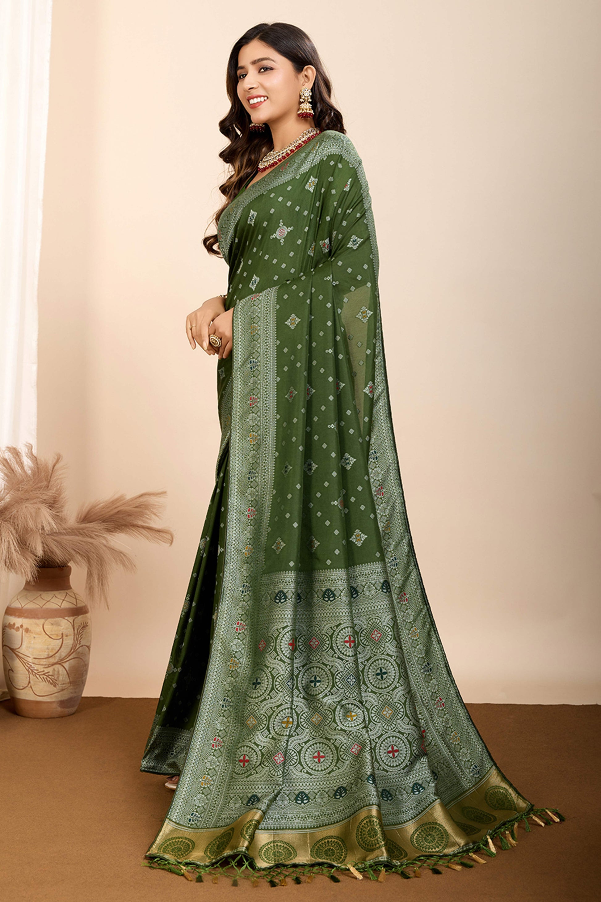 Mehendi Green Minakari Weaving Pure Silk Saree