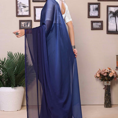 Blue Solid Satin Ready To Wear Ombre Saree